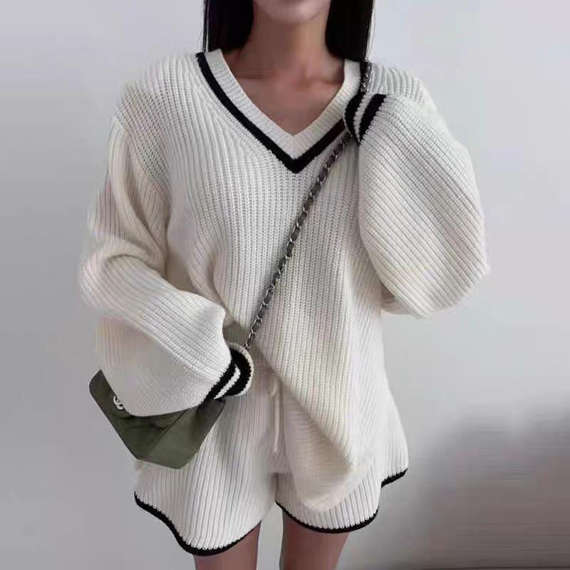 

Женский пуловер с V-образным вырезом, вязаный, с длинным рукавом, женский свитер, новый комплект из двух предметов, модный свободный спортивный костюм с шортами, зимний, осенний, повседневный наряд One size белый