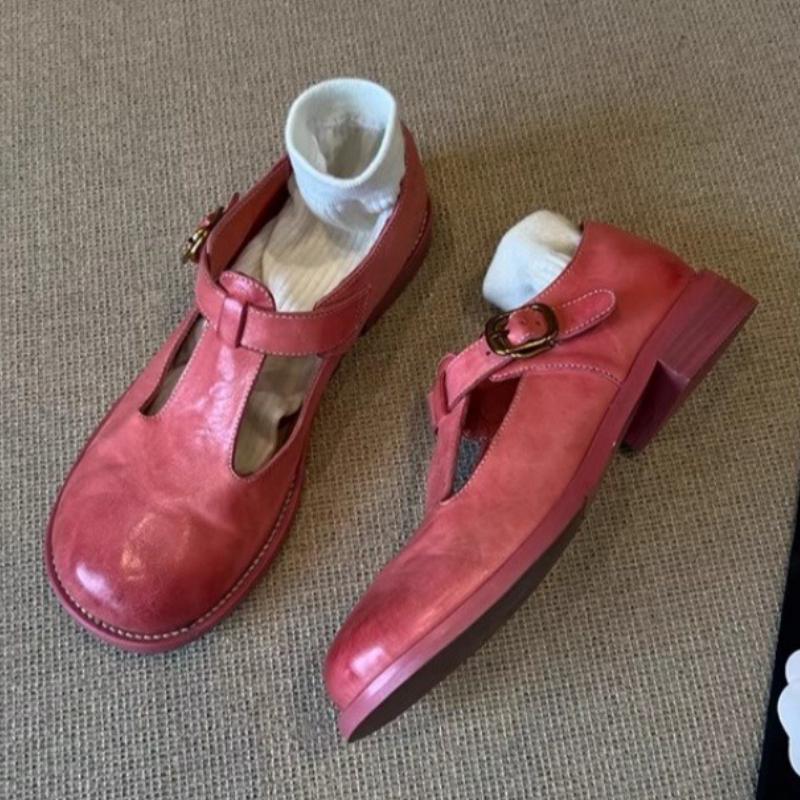 Fashion Vintage Pink T Strap Shallow Mary Jane Shoes Women Fashion Casual Buckle Flat Sandals Comfortable Moccasin Brand Designer Shoes