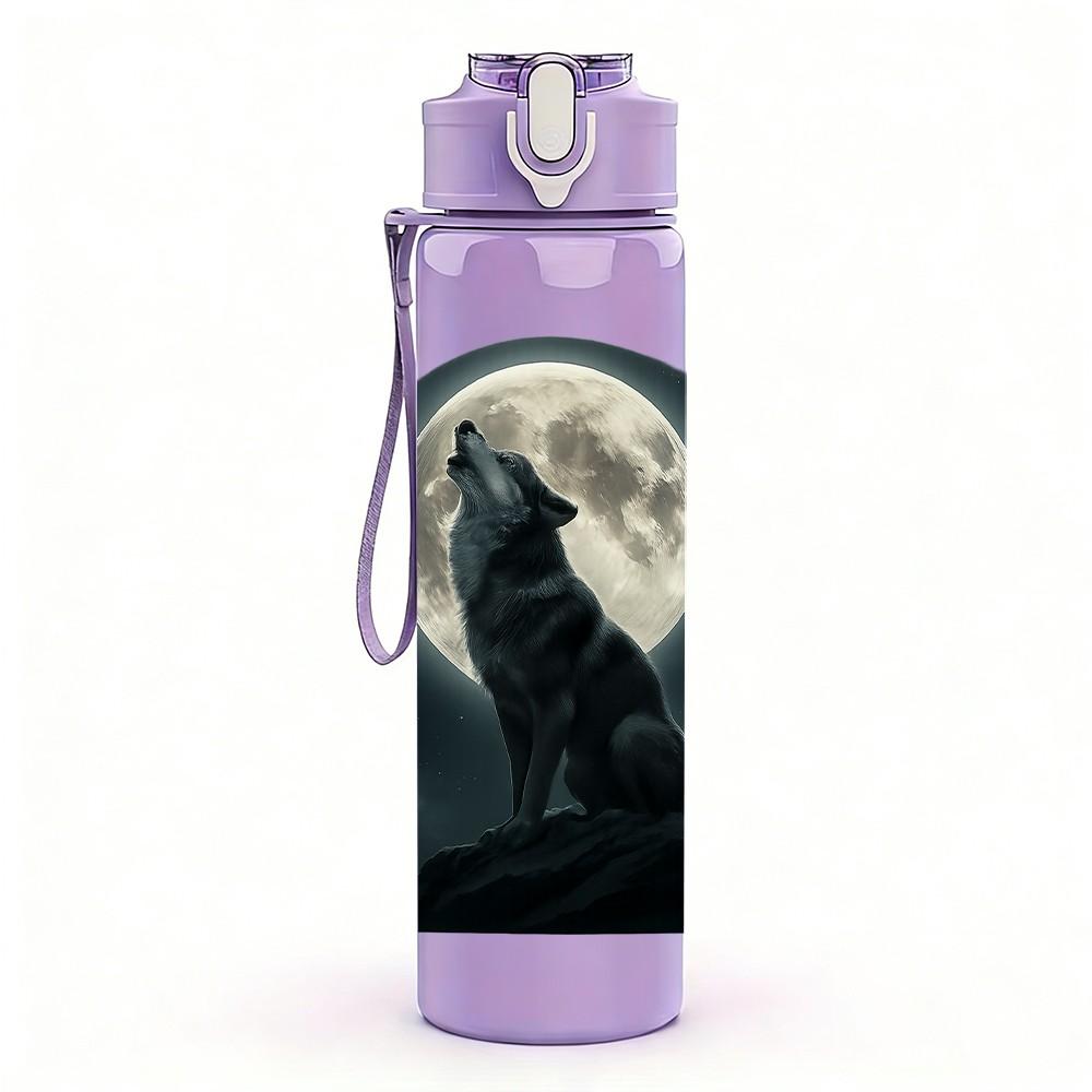 1PC Wolf Howling Moon Night Print 750ml Color Plastic Sports Water Bottle Leakproof Flip Straw Lid Suitable for Sports Office Home Use