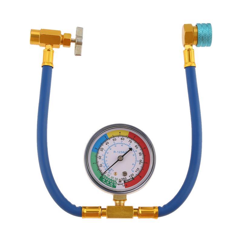 R1234yf Refrigerant AC Recharge Hose with Gauge, 1/2” LH R1234YF Self-sealing Can Tap Valve & Low Side Quick Coupler 14mm 250PSI