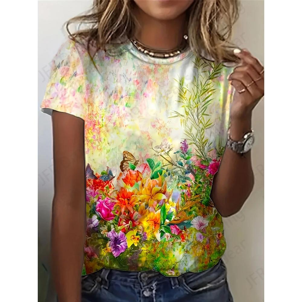 

Женская футболка с цветочным 3D-принтом, модная футболка, футболка оверсайз, женская одежда, футболка с цветочным принтом, свободная повседневная уличная одежда XL