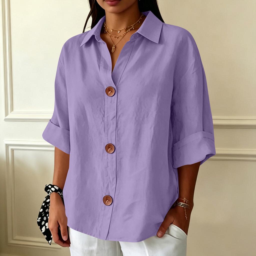 Women's Casual Loose Fit Button Down Shirt Three Quarter Sleeve Collared Blouse Lightweight Soft Fabric Relaxed Style