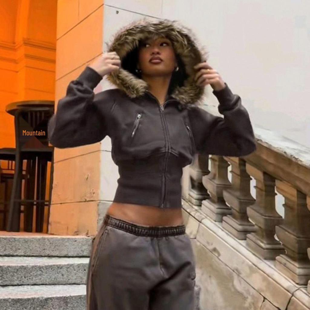 Retro American Street Style Slimming Hooded Zip-up Sweatshirt with Drawstring Waist