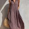 Women's Gingham Sleeveless Collared Loose Maxi Dress Casual Summer Dress