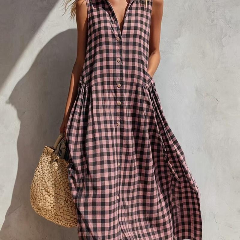 Women's Gingham Sleeveless Collared Loose Maxi Dress Casual Summer Dress