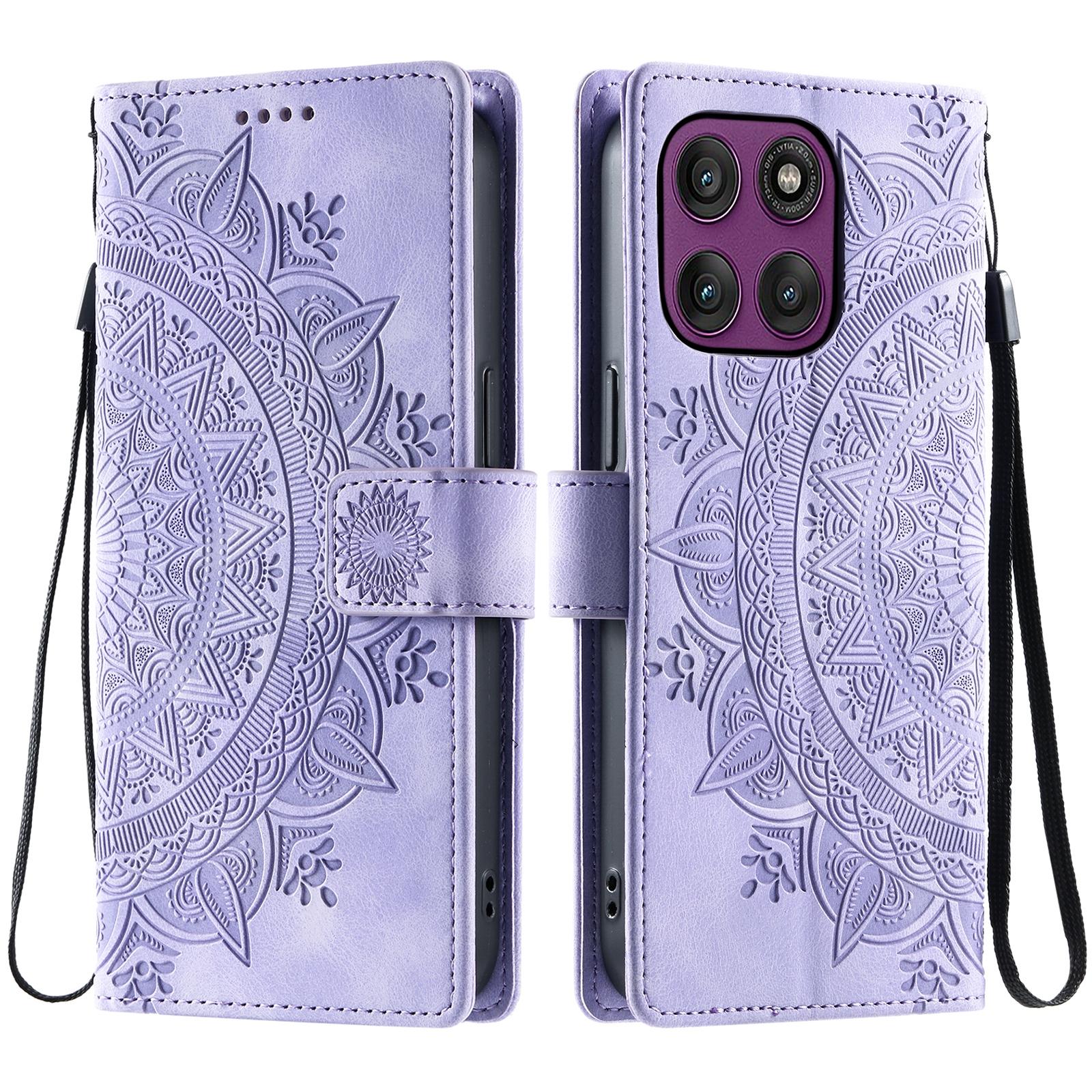 

For Motorola Edge 60 Pro 5G Case Imprinted Totem Skin Feel Wallet Leather Phone Cover with Hand Strap Purple