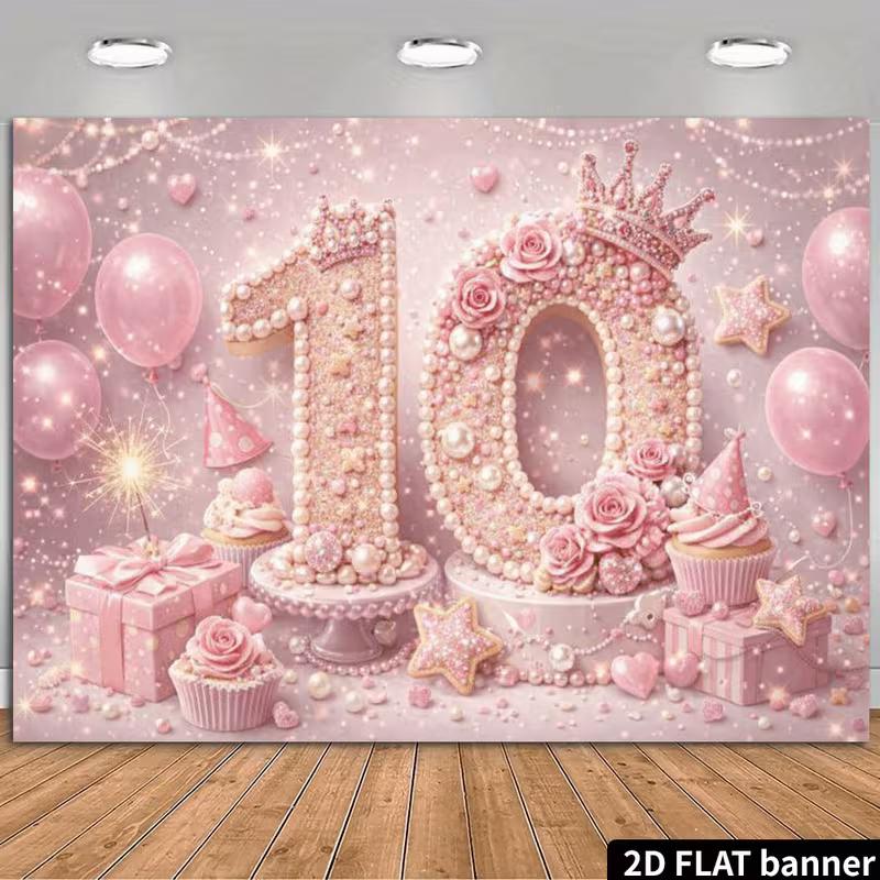 2D Prinzessinnenkrone Rosa Glitzer 10. Happy Birthday Hintergrund Banner Fotokabine