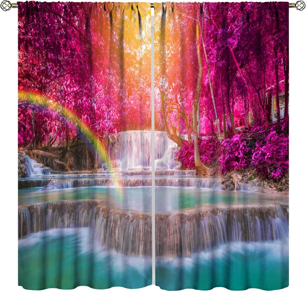 Waterfall Curtains Spring Nature Theme Landscape Pattern Forest Thermal Bedroom Living Room Panel Set Blackout Made Of Polyester Area Decor
