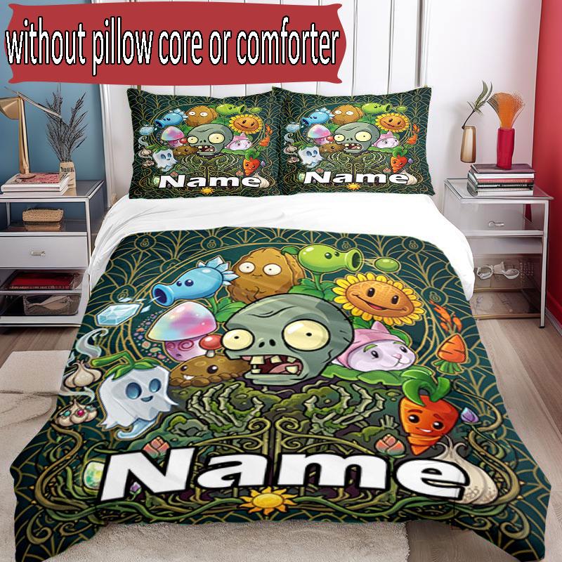 3pcs Duvet Cover Set (1*Duvet Cover + 2*Pillowcase, Without Core), Custom Name Plants VS Zombies Pattern Bedding Set, Home Bedroom Decor Gift