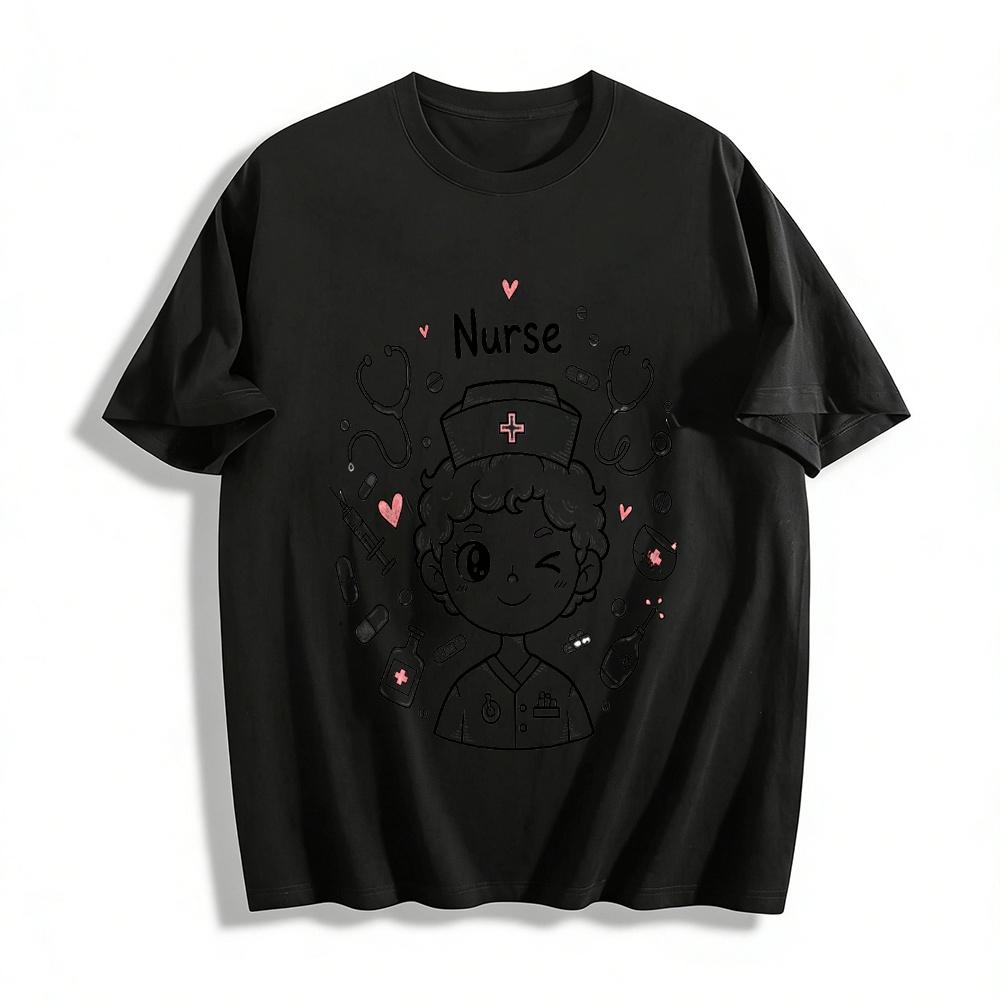 Cute Nurse Themed Print Casual Top Medical Worker Apparel Pure cotton T-shirt XXS