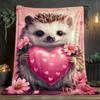 1pc Cute hedgehog holding heart pink floral blanket love theme flannel blanket Valentines Day gift soft throw blanket