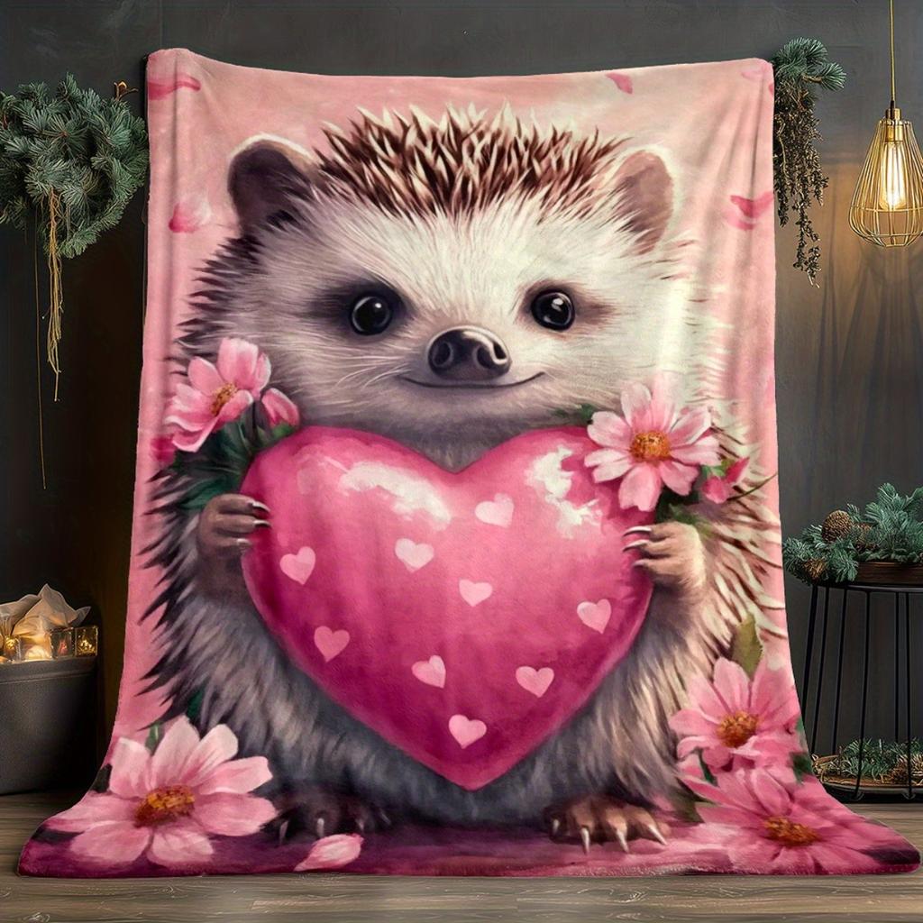 1pc Cute hedgehog holding heart pink floral blanket love theme flannel blanket Valentines Day gift soft throw blanket