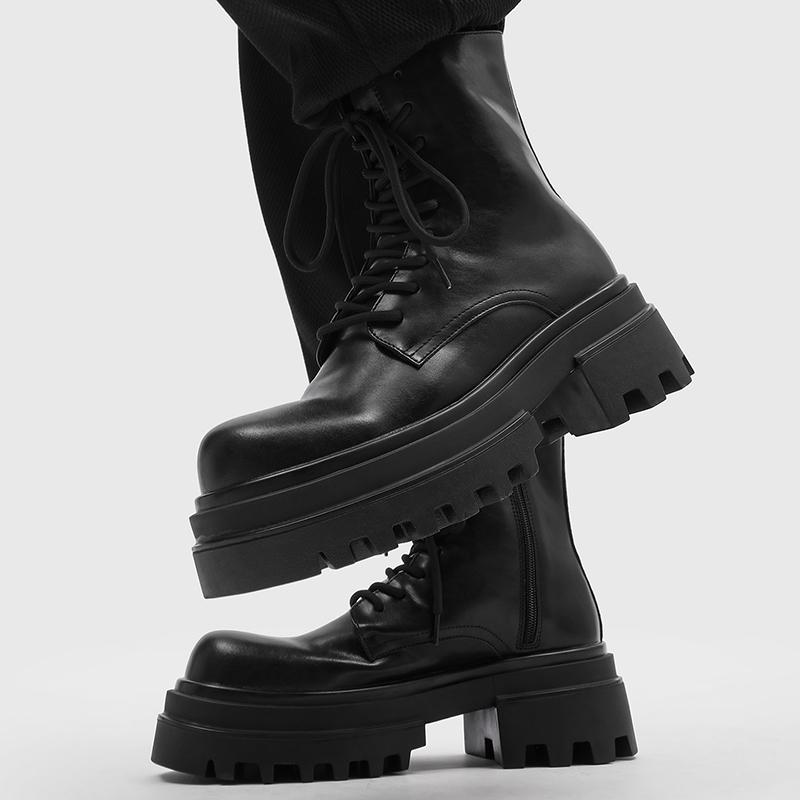 Mode Herbst- und Winter Herren Schnürstiefel mit hohem Schaft Bequeme Reißverschluss Stiefel mit Absatz Dicksohlige Anti-Rutsch Wanderstiefel