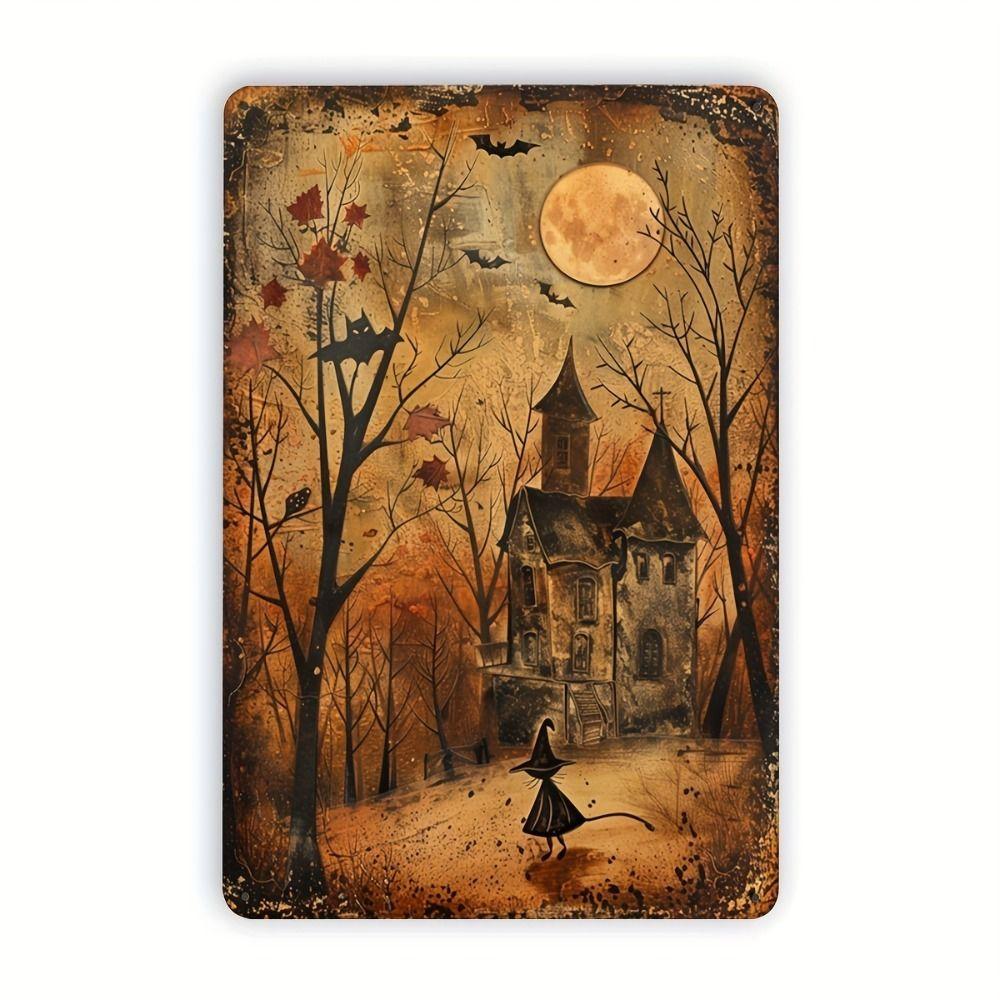 Witch Cat Forest Halloween Sign Metal Tin Sign 20x30 cm Wall Decor