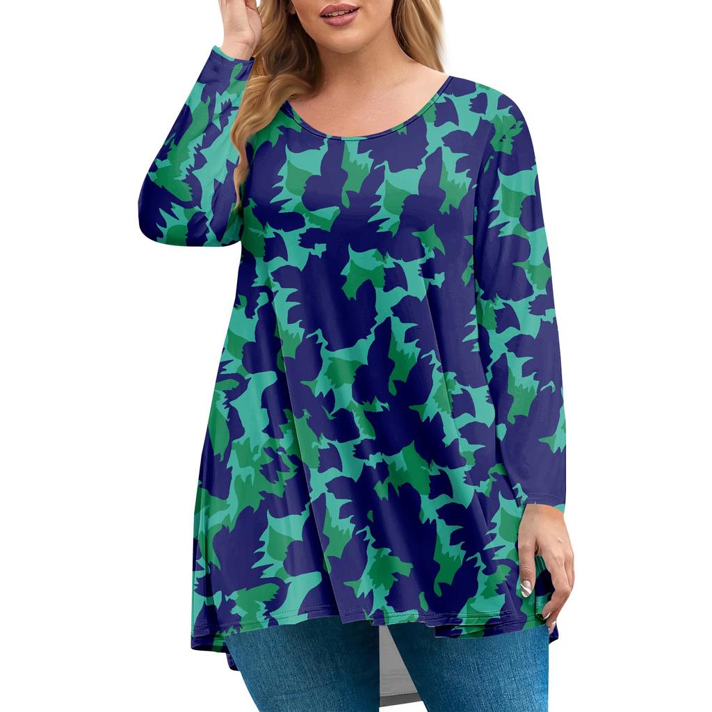 Damen Übergröße Oberteil, Gartenkragen Langarmhemd, Modisches Blumenmuster Freizeit-Top