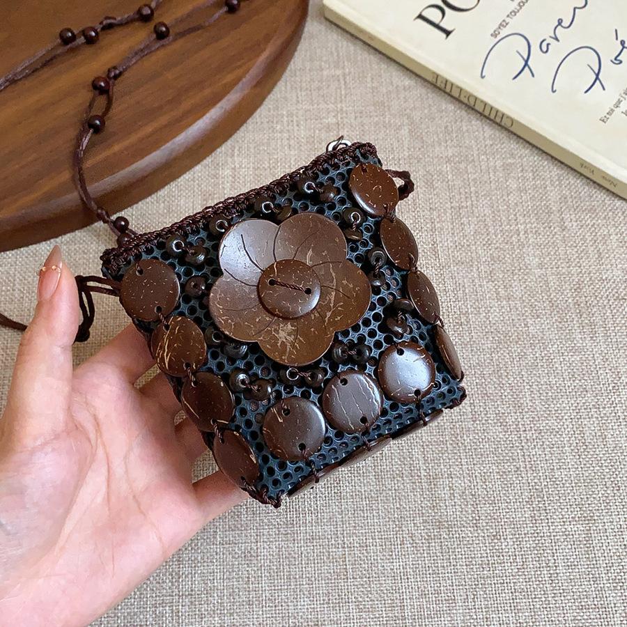 

Retro ethnic wind wood beads entangled coconut shell flower bag necklace accessories women s sweater chain necklace