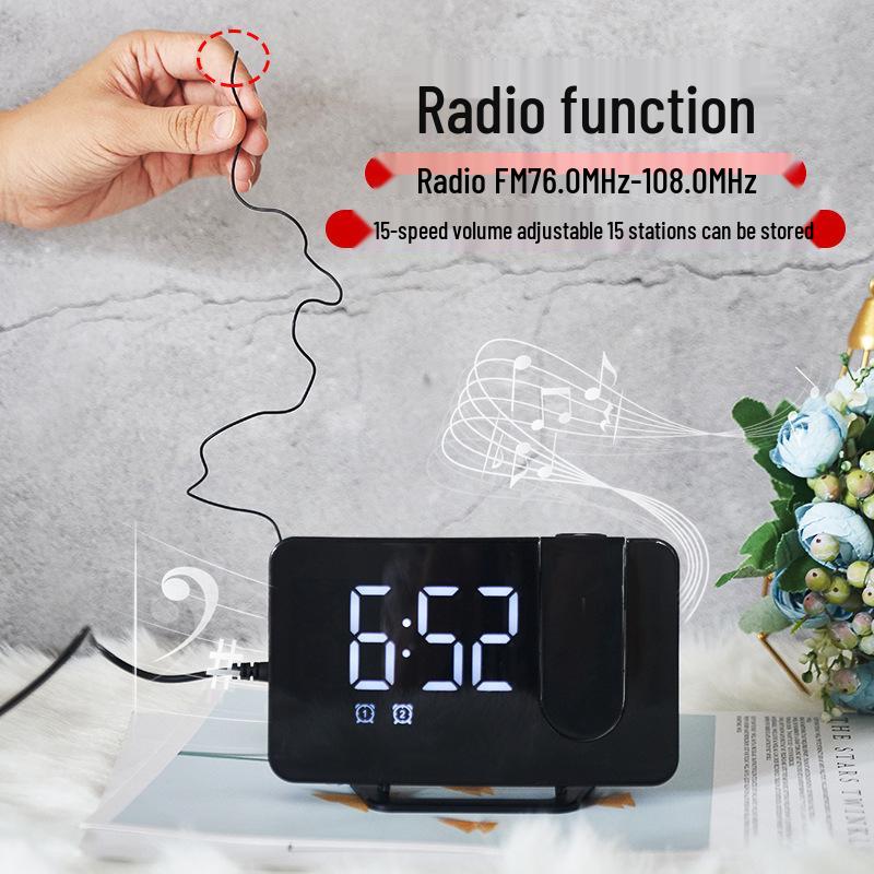 0716 Dual Alarm Clock with Large LED Display, Curved Surface, and Radio Projection