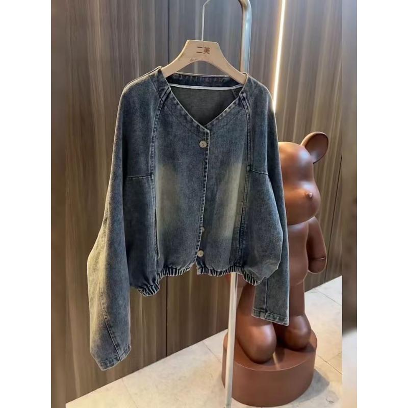 Premium Retro Small Short Denim Jacket Spring and Autumn Fashion Casual Jacket Top Vintage Raglan Sleeve Loose Layering Outerwear