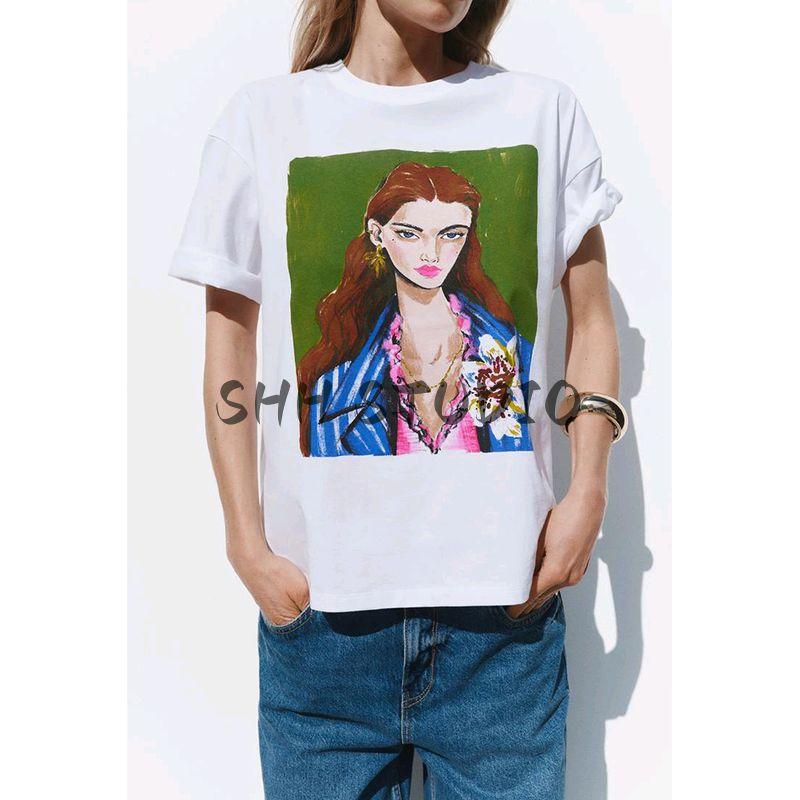 Spring and Summer Women's Clothing French Style Silm Straight-leg Contrast Color Girls' Print Cotton Round Neck Short Sleeve T-shirt 5644188