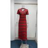 Women's Short-sleeved V-neck Loose Slit Striped Long Dress