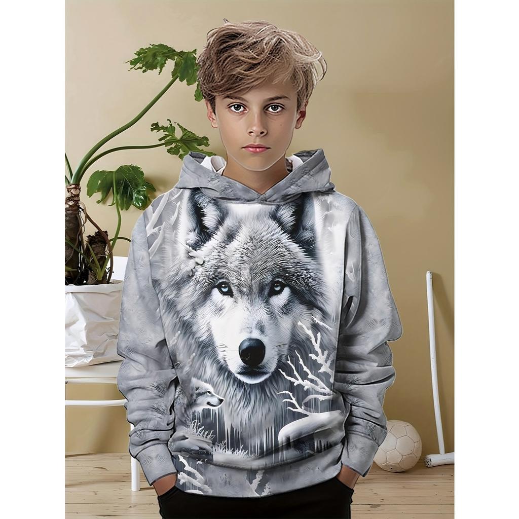 Kapuzensweatshirt für Jungen mit Wolfsmuster im 3D-Druck, lässige Alltagskleidung für Frühling und Herbst