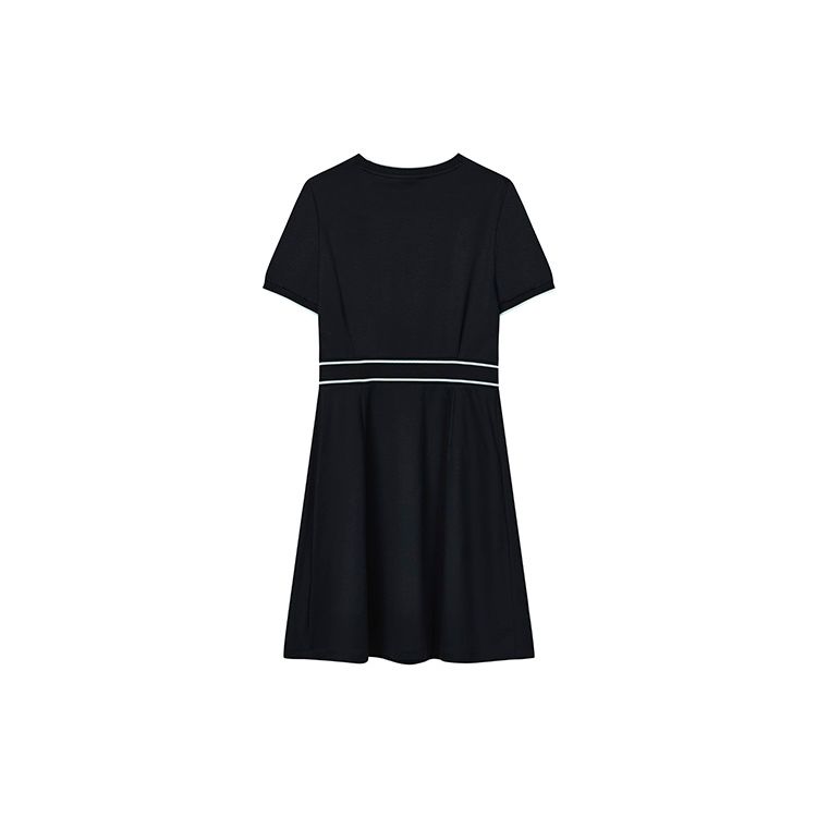 Fila Solid Color Logo Elegant Sports Casual Breathable Knitted A-Line Short Sleeve Dress Women Dresses Legendary-Blue F11W237308FNV