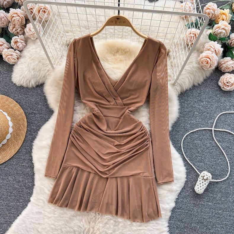 Women Summer Spring Elasticity Long Sleeve Color Soild V-Neck Casual Sheath A-Line Mini-Length High Waist Dress