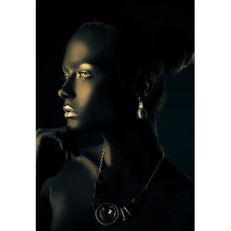 African Art Black and Gold Woman Oil Painting On Canvas Picture for Living Room Contemplator Posters and Prints Scandinavian