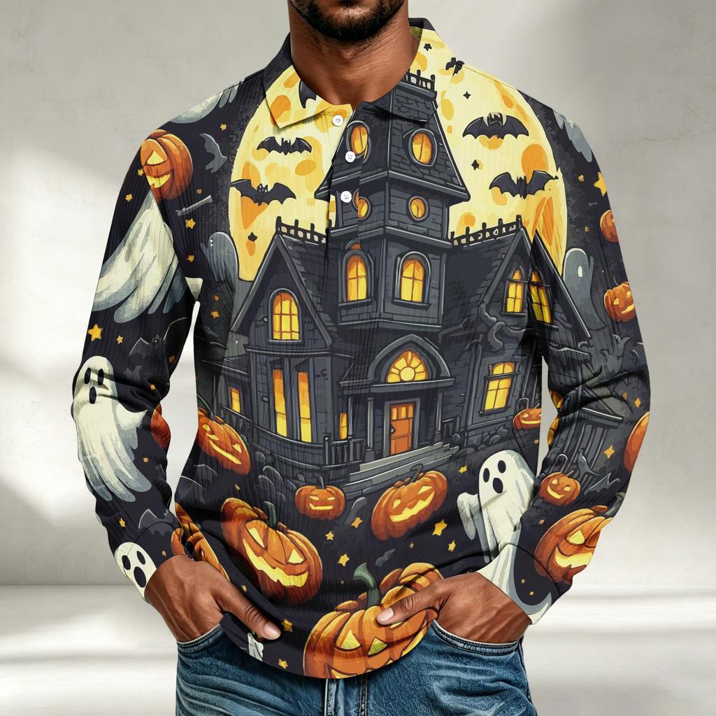 Herren Langarmshirt Halloween-Print Lockerer Schnitt Lässiges Oberteil