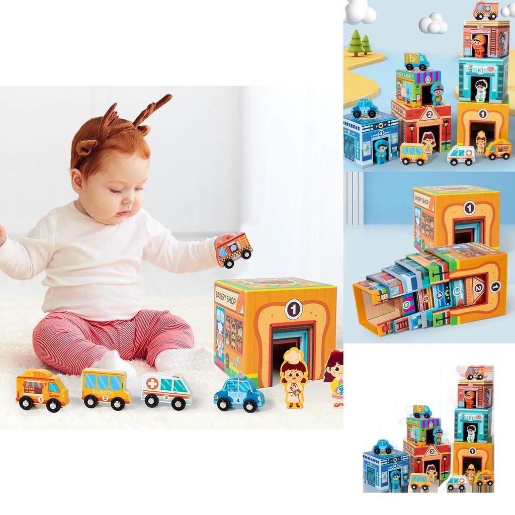 Wooden Stacking Toy Set For Early Education And Logic Development With Traffic Scene For Kids