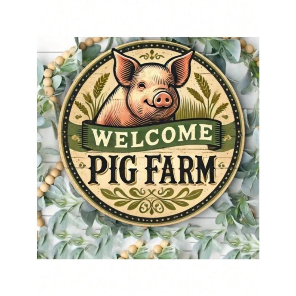 Vintage Farm Pig Round Metal Wall Art Home Decor Sign