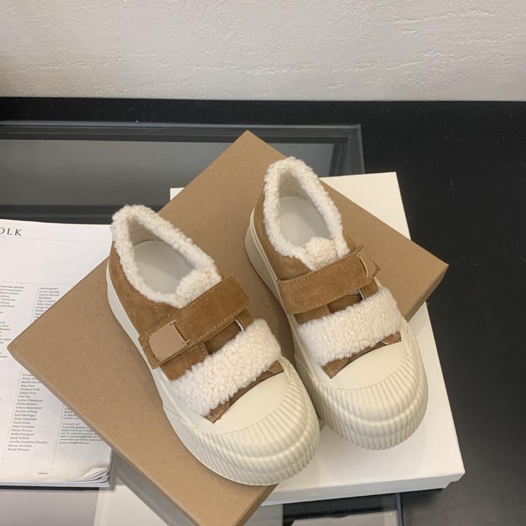 Versiune lână~ pantofi pufoși cu talpă groasă pentru iarna femeilor, pantofi de bumbac cald din catifea, pantofi de stradă versatili din piele, pantofi casual tip biscuiți