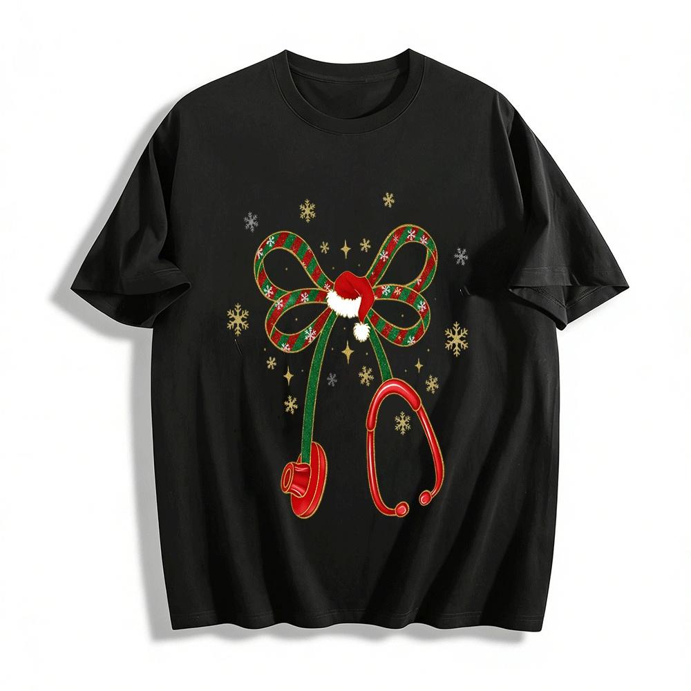 Christmas Medical Stethoscope Print Casual Top Pure cotton T-shirt XXS