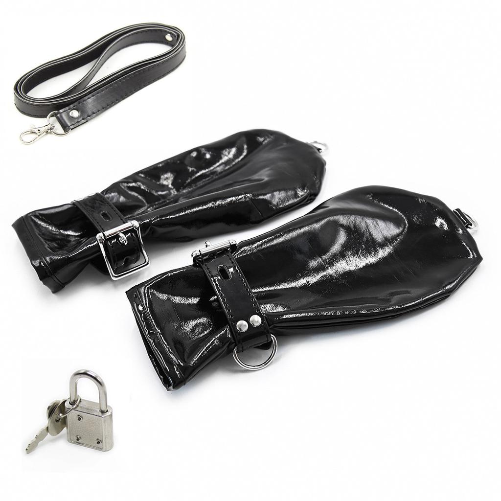 Sexy Fetish Costumes of Black Soft Faux Leather Fist Gloves with Locks Restraint and Chain for Men Women Role Play Exotic Appeal