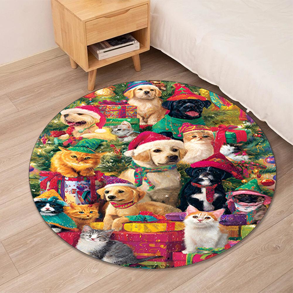 Christmas Dog Printed Round Rug Carpet Chair Rug Area Rug Entryway Doormats,for Office Chair Living Room Bedroom Kitchen Room.