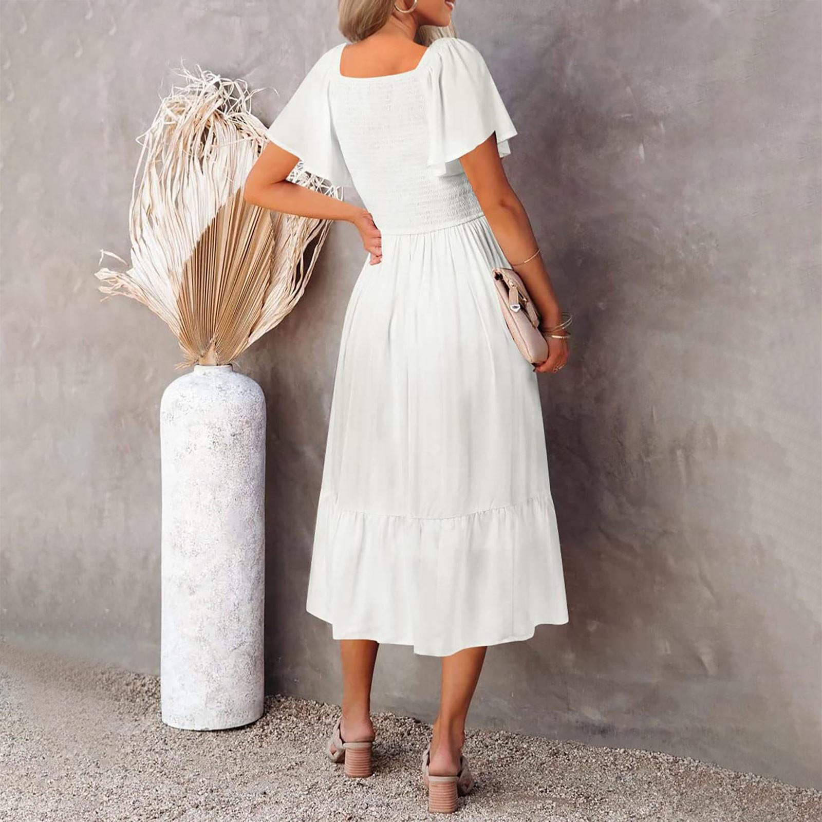 Женское модное летнее однотонное свободное платье с короткими рукавами и v-образным — фото 5