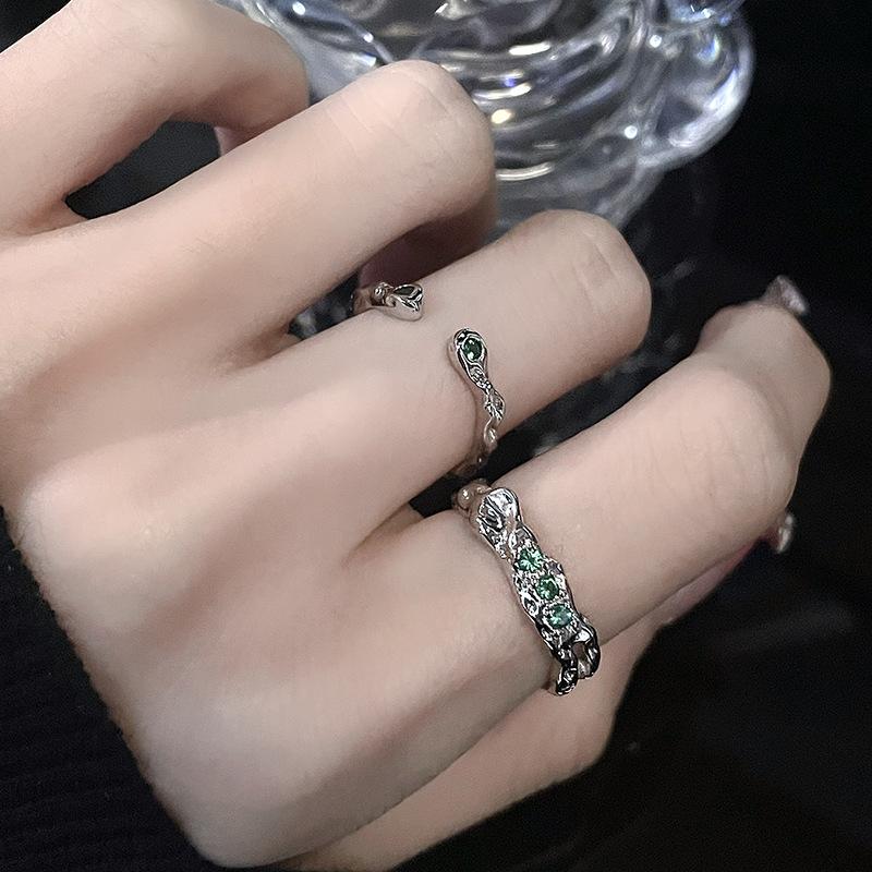 Niche Design Green Diamond Zircon Slytherin Snake Court Women'S Open Ring Premium French Personality Ring