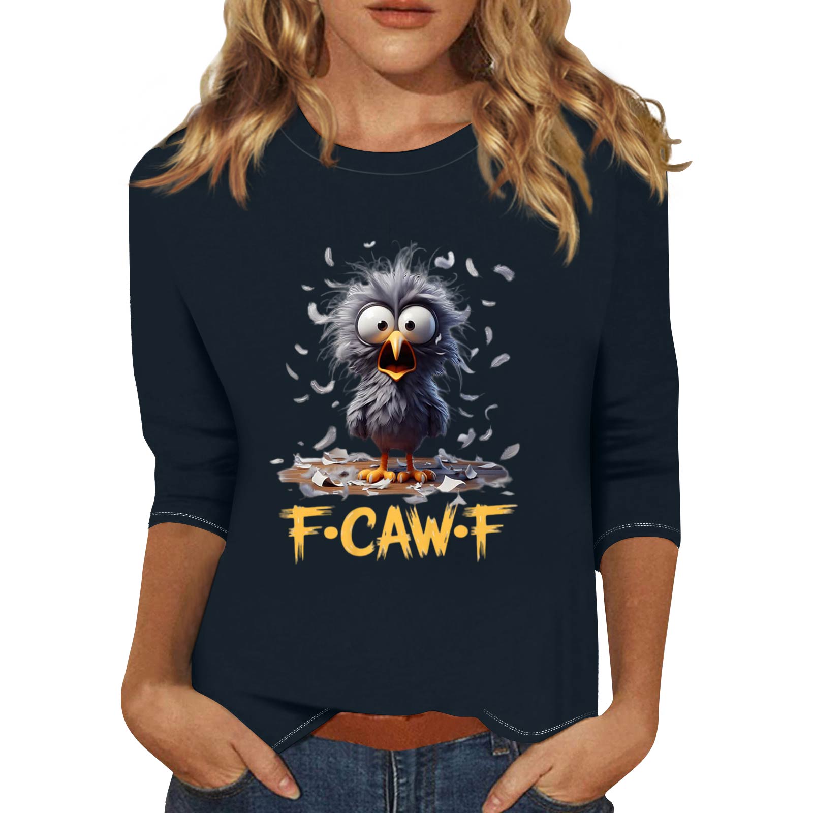 

Женская модная повседневная футболка с рукавом три четверти и принтом на шее XXL тёмно-синий