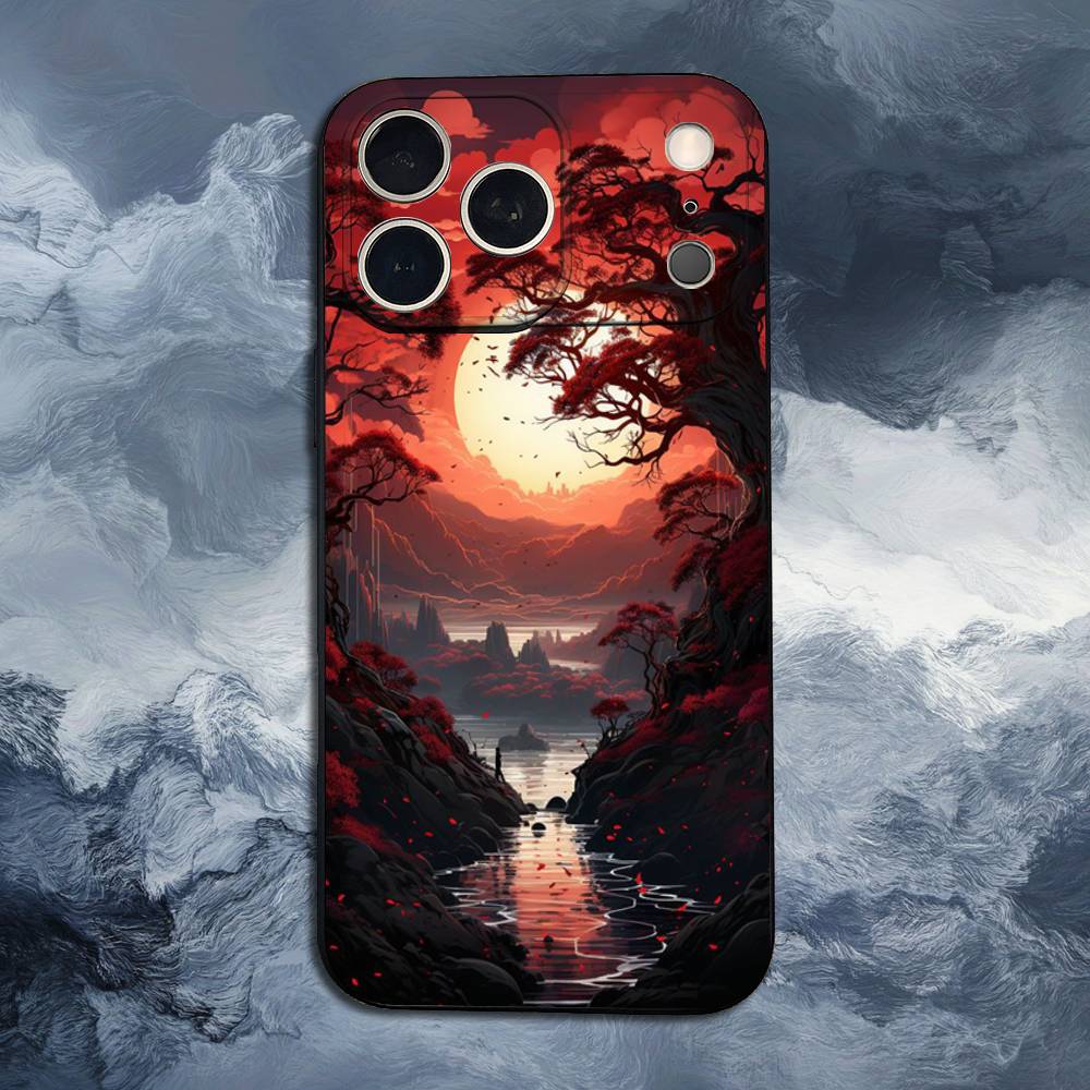 Art Japanese Style For iPhone 12,16,11,14,15,17,13,X,Mini,SE,Max,8,7,XR,XS,Plus,Pro,Soft Silicone Black Case