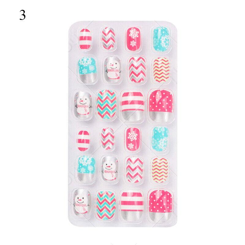 24PCS Kids Christmas Fake Nails Press On Full Cover Stick On False Nail Tips *