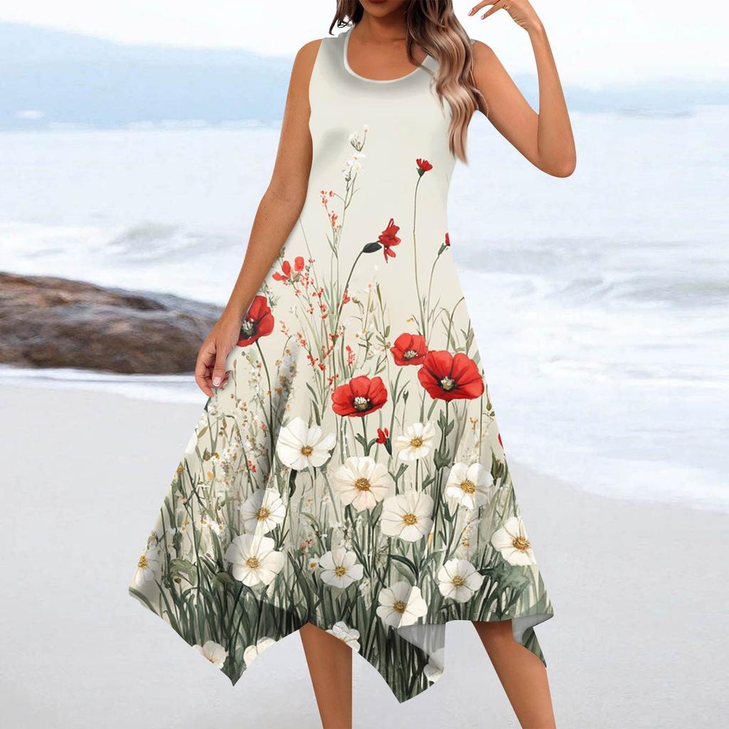 Women's Casual Fashion Round Neck Sleeveless Floral Print Irregular Hem Midi Dress