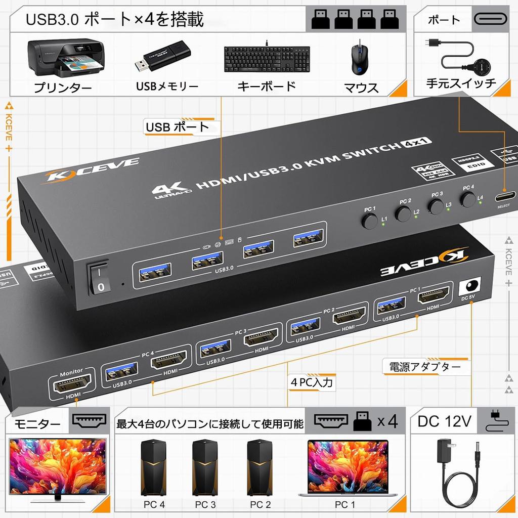 KCEVE HDMI USB3.0 KVM Switch, 4 Inputs, 1 Output, 4K@60Hz Support, EDID Emulation, 4 x USB3.0 Ports, Switches between 4 PCs and 1 Monitor, Keyboard an