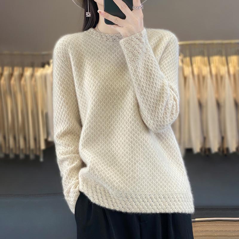 Women's 100% Pure Wool Thick Round Neck Sweater with Crochet Lace Knit and Half-High Neck