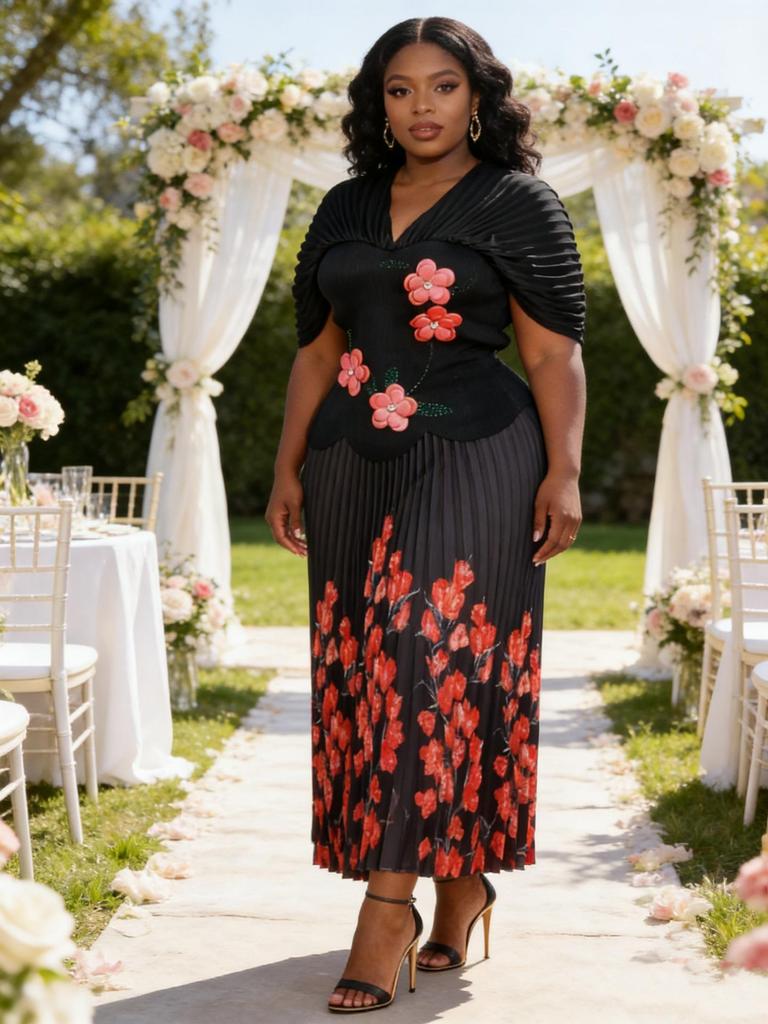 Miyake Pleats Elegant Plus Size Set with Bubble Sleeves and Rhinestone Floral Design