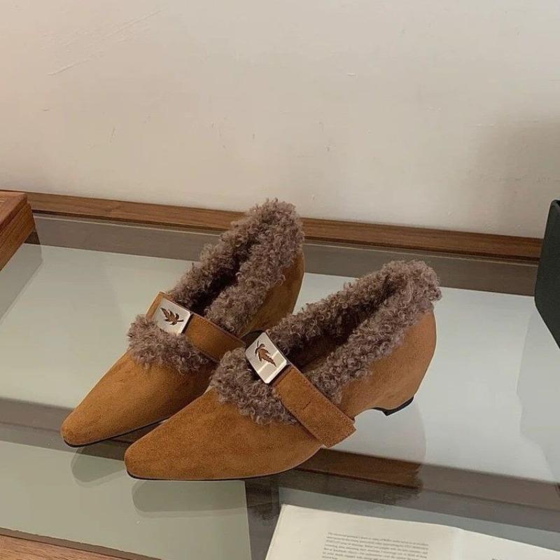 Design sense~ retro metal buckle fluffy single shoes women s pointed head thick heel outside wearing Mary Jane shoes small high heels 35