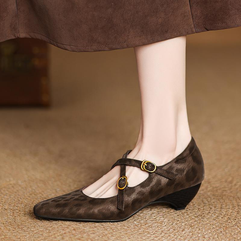 Krazing Pot Cow Skin Spring Summer Size 43 Size 42 Size 41 Thick Med Heels Women Square Toe Leisure Leopard Pumps