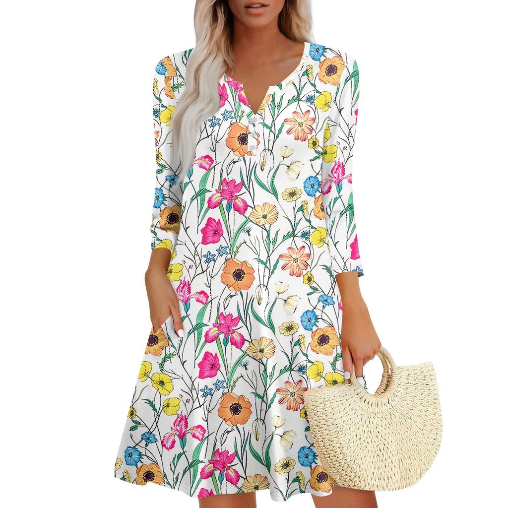 Women’s V Neck Floral Print Loose Fit Dress with Three Quarter Sleeves Casual Flowy A Line Summer Dress for Daily Wear