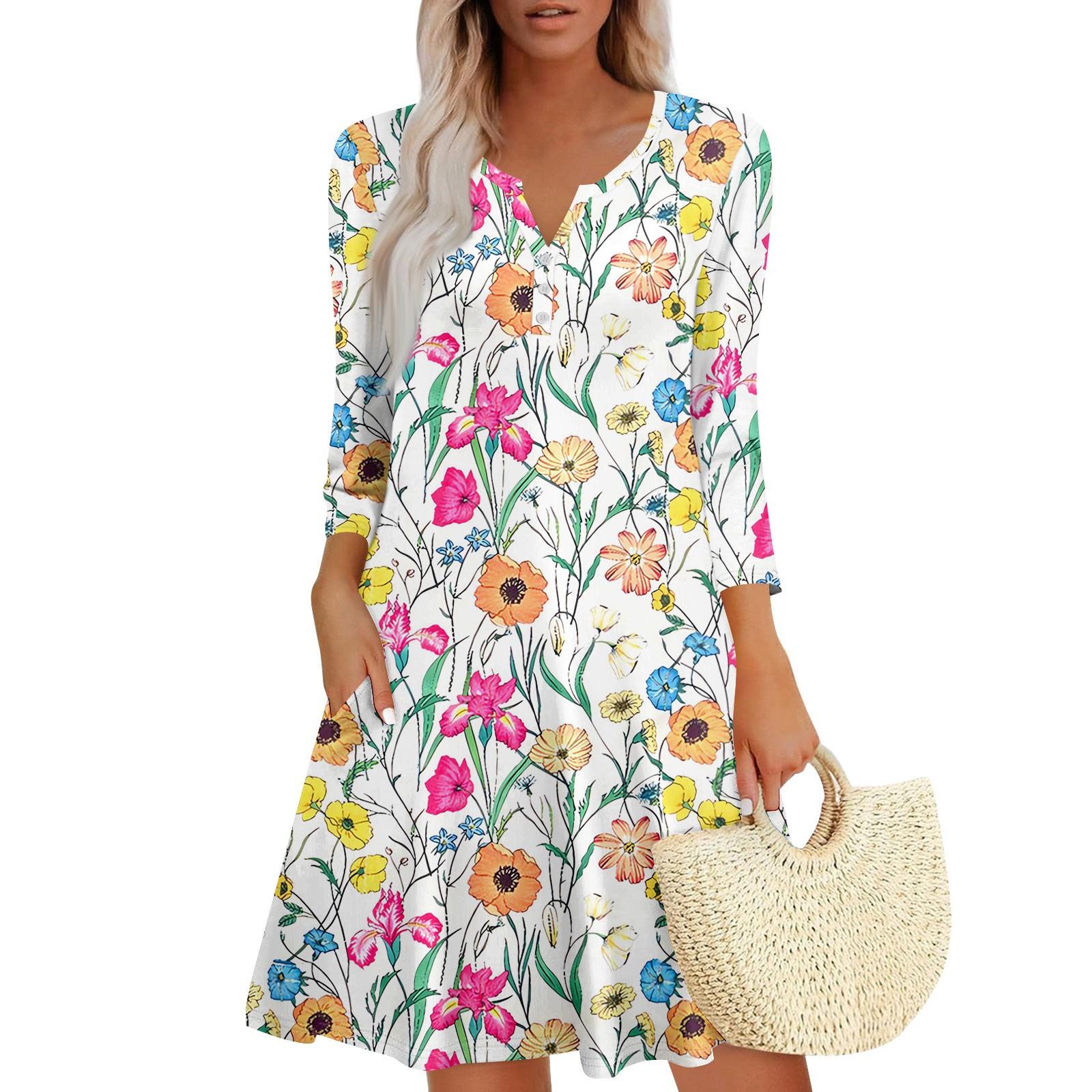 

Women s Summer Dress Loose V Neck Three-quarter Sleeve Sundress With Pockets Dress XL жовтий