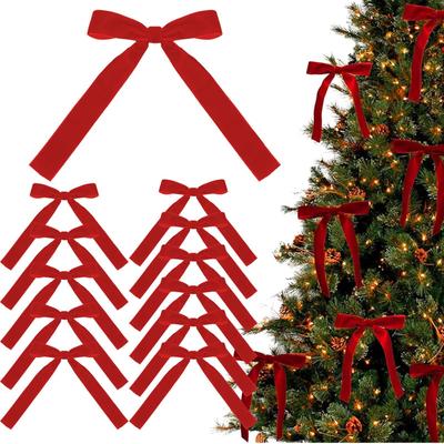 12Pcs Vintage Velvet Bows Christmas Tree Bows Red Christmas Ribbon Bows Xmas Gift Wrapping for Xmas Home Stairs Garland Decor
