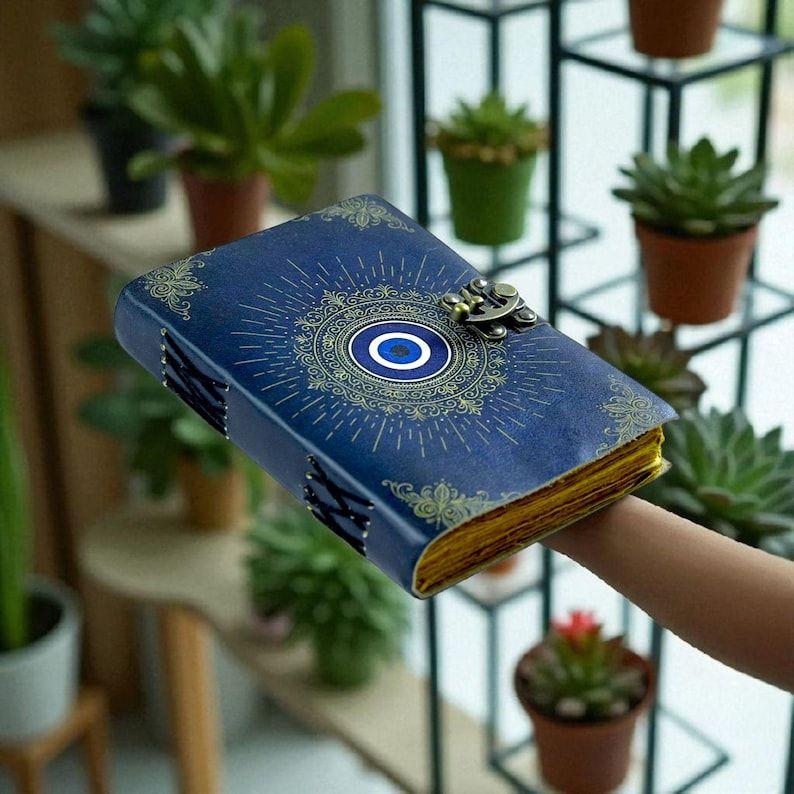 Handmade Evil Eye Leather Journal: Blue & Gold Book of Shadows